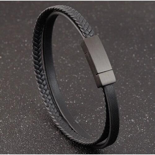 2020 Special Style Gold With Black Combination Stainless Steel Button&Black Brown Mens Leather Bracelet