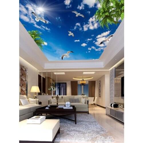 3d ceiling murals wallpaper Blue sky white clouds coconut tree seabird, sun ceiling, mural