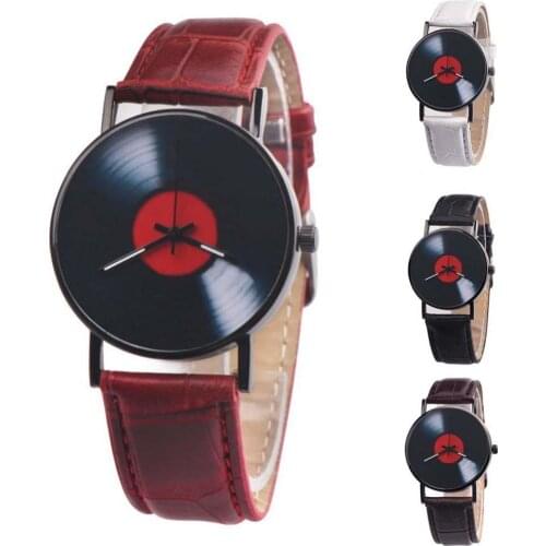 40%HOT Vintage Record Shape Round Dial Faux Leather Band Women Men Quartz Wrist Watch