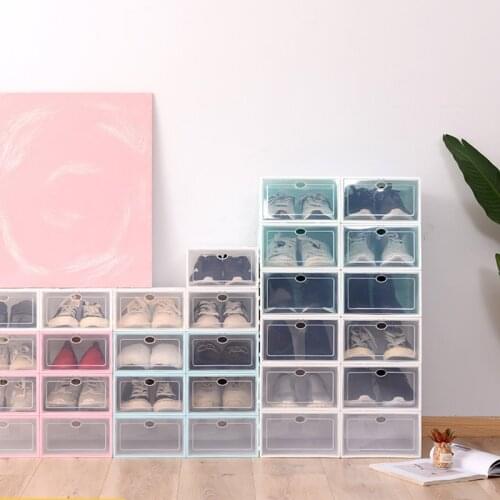 6PCS Fold Plastic Shoes Boxes Transparent Thickened Drawer Case Display Holder Dustproof Shoes Organizer Stackable Shoes Cabinet
