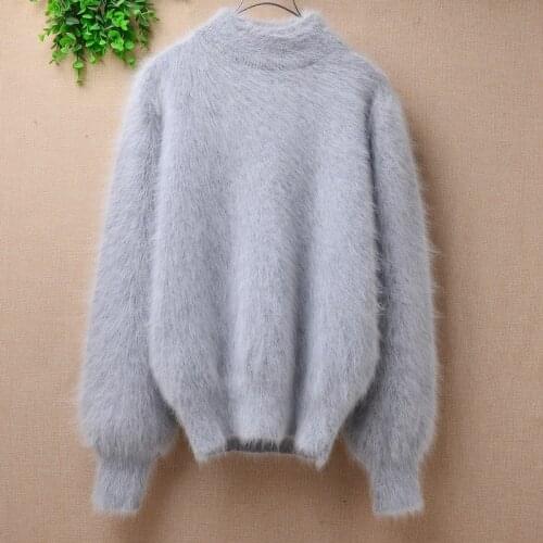 Ladies women fashion hairy angora rabbit fur knitted turtleneck long lantern sleeves slim blouses pullover mink fur jumper pull