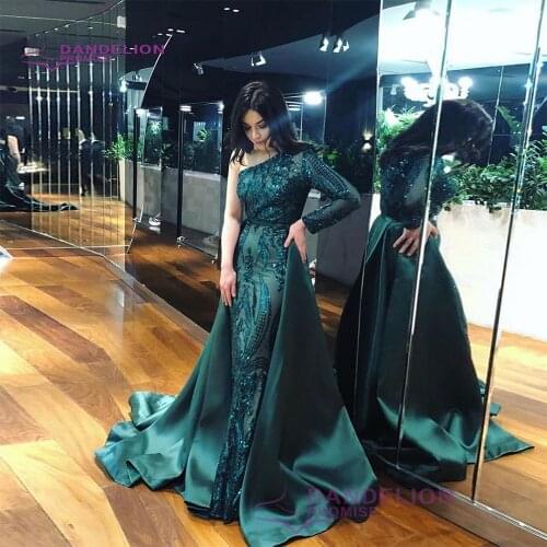 Elegant One Shoulder Muslim Long Sleeves Evening Dresses 2020 Luxury Fashion Sexy With Detachable Train Prom Party Gowns