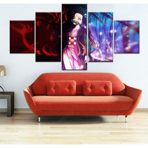 Canvas Painting Pictures Print 5 Panel Anime Girl Kamado Nezuko Demon Slayer Kimetsu No Yaiba Wall Art Home Decor Modular Poster