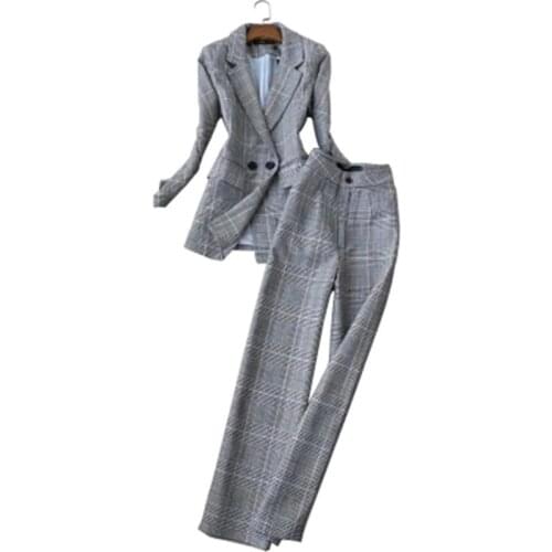 Plaid Pant Suits womens Autumn New fashion suit female ladies plaid imitation woolen suit + straight wide leg pants two-piece