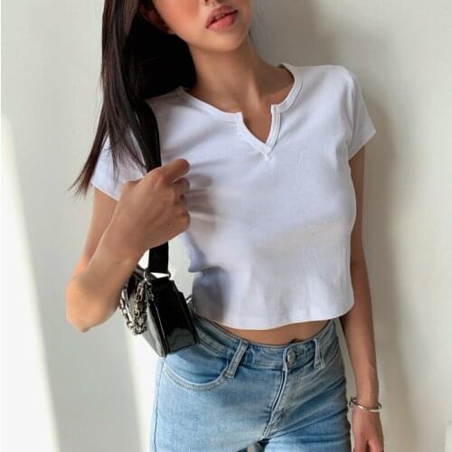 Summer crop top women short sleeve sexy shirts for women fashion crop cute tops for teen girls v neck top white