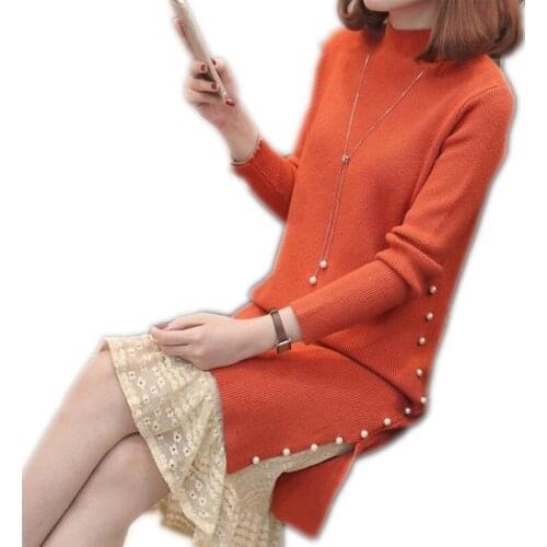 Sweet Lace Women Knitted Mini Dress 2019 Autumn Winter Women Sweater And Pullovers Half-Neck Knitted Dress With Pearls Top Q1016