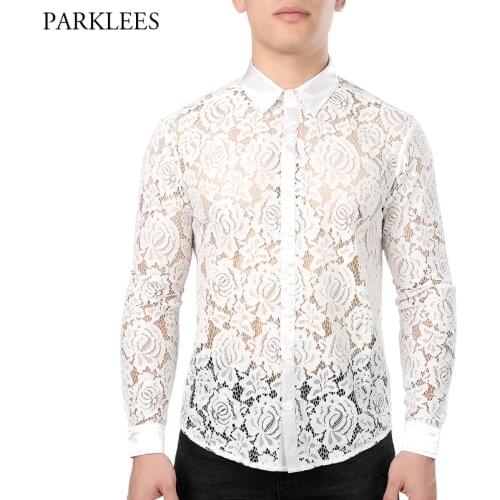 Mens White Lace Shirts Casual Slim Fit Dress Shirt Men Chemise Homme Sexy See Through Long Sleeve Lapel Shirts Camisa Plus Size