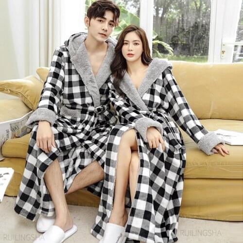 Men Winter Extra Long Warm Flannel Bathrobe Plus Size Coral Fleece Kimono Nightwear Women Hooded Plaid Long Sleeve Bath Robes