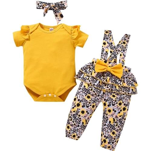 0-18M 3Pcs Fashion Baby Girls Outfit, Solid Color Round Collar Short Sleeve Romper + Printing Suspender Trouser + Bow Headwear
