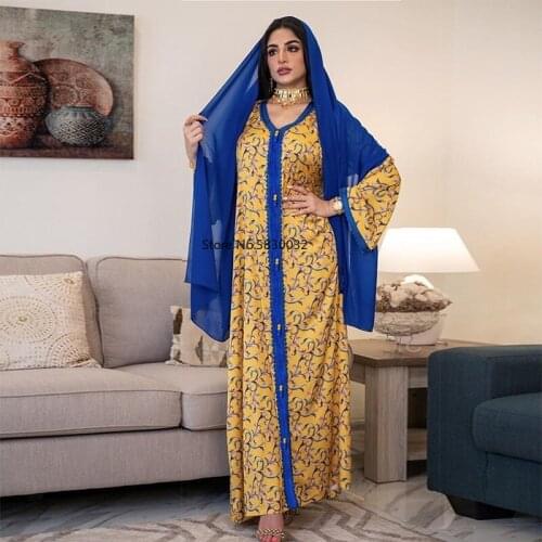 Botanical Printed Abaya Dress Jalabiya Braid Trim V Neck Long Sleeve Middle East Women Muslim Loose Robe Arabic Moroccan Kaftan