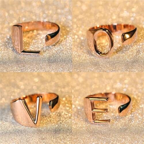 Simple A-Z 26 Letters Rings For Men Women Rose Gold Open Adjustable Ring Wedding Bands Female Male LOVE Engagement Ring Jewelry