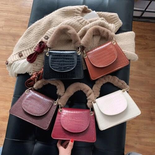 Fashion Alligator Pattern Shoulder Crossbody Bag Purse Women Leather Plush Handle Street Handbag Casual Solid Commuter