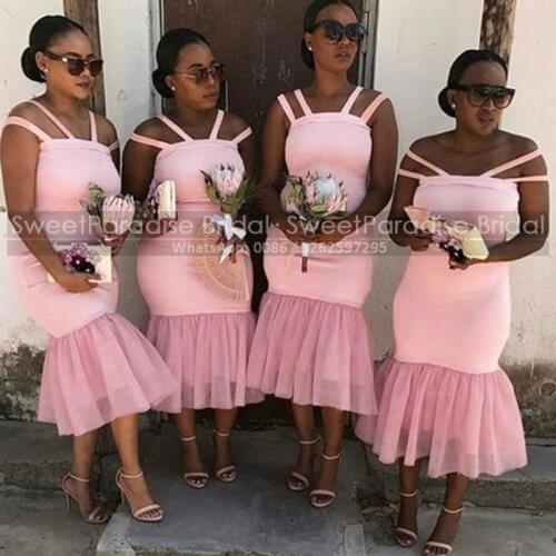 2021 Royal Blue Bridesmaid Dresses Tea Length Tiered Mermaid Jewel Neck African Women Maid Of Honor Dress Wedding Party