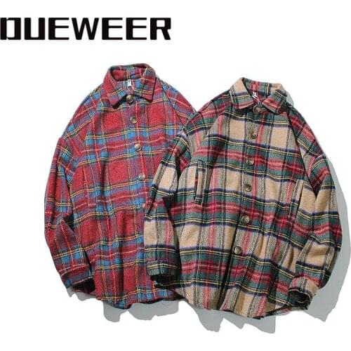 Dueweer Vintage Plaid Woolen Shirt Jacket Men Women Hip Hop Lattice Jackets Coats Autumn Winter Warm Outwear Oversized Shirts