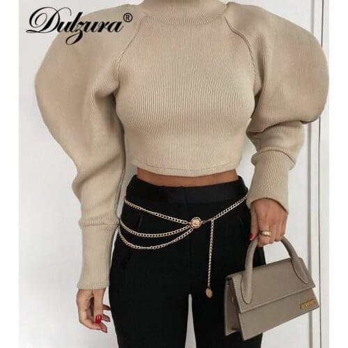 Dulzura Ribbed Women Puff Long Sleeve T Shirt Turtleneck Crop Top Elegant Streetwear 2020 Autumn Winter Club Solid