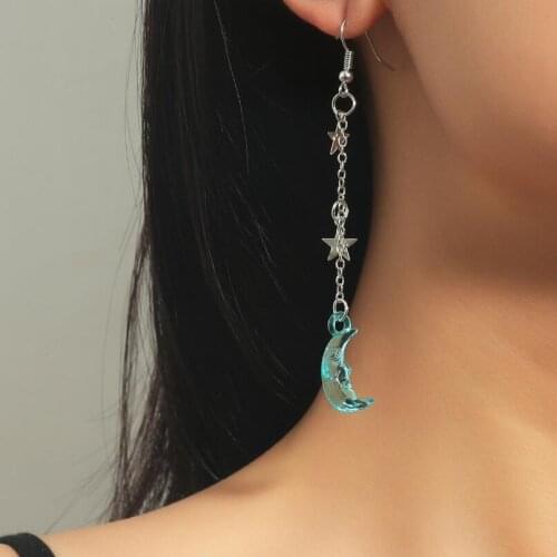 Funny Geometric Acrylic Moon Alloy Star Long Earrings For Women Colorful Moon Silver Color Tassel Earrings Creative Jewelry Gift