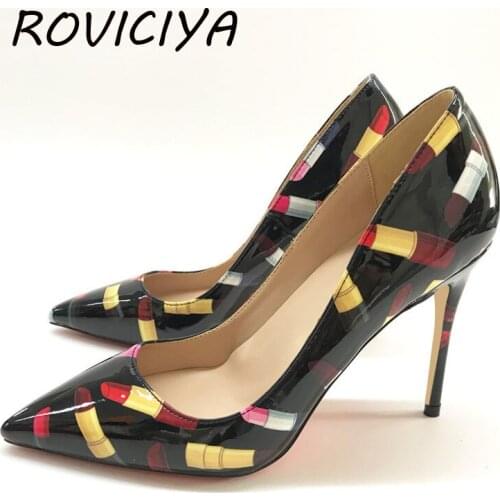 Fashion 12cm high heeled black with lipstick lady pumps shallow pointed toe woman shoes party wedding shoes QP079 ROVICIYA