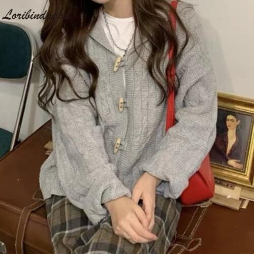 Loribindwood Lazy Wind Horn Button Sweater Jacket Women Cardigan Retro 2021Autumn and Winter All-match Style To Wear Autumn Tide