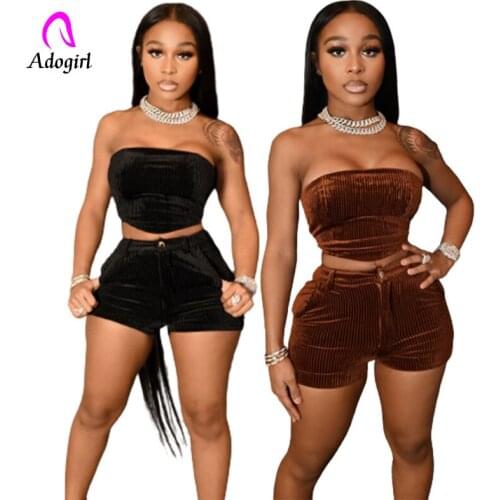 Corduroy Women 2 Piece Set Off Shoulder Crop Tank Top + Zipper Fly Biker Shorts 2021 Summer Solid Sexy Night Club Party Outfits
