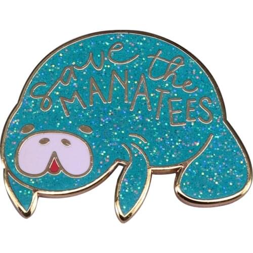 Save the Manatees Lapel Pin Sea Life Activist Glitter Decor