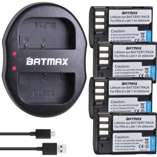 Batmax 4pcs 2600mAh D-LI90 DLI90 Digital Battery +USB Dual Charger For PENTAX K-7 K-7D K-5 K-5 II 645D K01 K-3 K-3 II 645Z L15