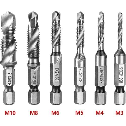 6Pcs Hex Shank Titanium Plated HSS Screw Thread Metric Tap Drill Bits Screw Machine Compound tap M3 M4 M5 M6 M8 M10 Hand Tools