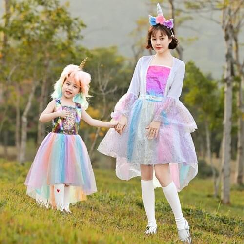 Halloween Mother and Daughter Sequins Unicorn Irregular Dresses Women Carnival Anime Cosplay Costumes for Girls Party Dress Gift