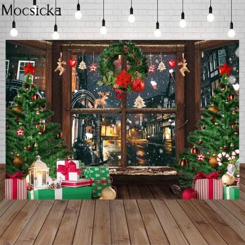 Merry Christmas Photography Backdrop Xmas Trees Gifts Window Decor Props Child Family Party Portrait Background Photo Studio