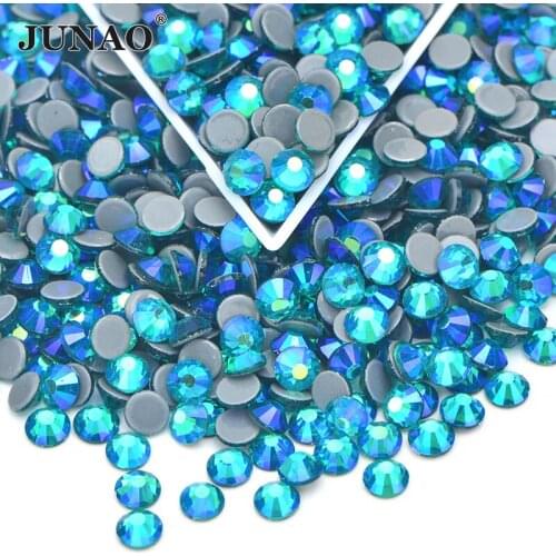 JUNAO SS6 8 10 12 16 20 30 Blue Zircon AB Hotfix Iron On Rhinestone Glass Strass Applique Flatback Crystal Stone For Dance Dress
