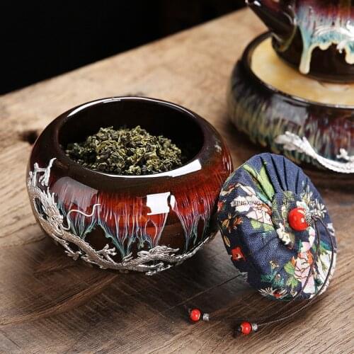 Kiln Change Inlaid Silver Tea Cans, Ceramic Tea Containers, Coffee Beans Storage Sealed Cans, Moisture-proof Pu'er Tea Box