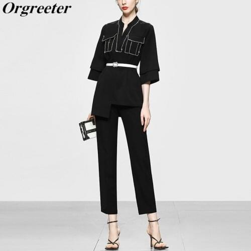 Tempeament Black Two Piece Shirt Pants Sets Women Autumn New Diamond V-neck Half Sleeve Long Blouse High waist Pants Suits