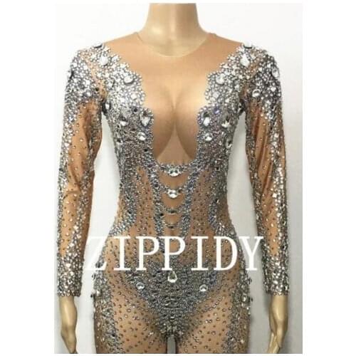 Fashion Sexy Sparkly Crystals Jumpsuit long Sleeves Big Stones Bodysuit Stage Performance luxurious Costume Dance Outfit