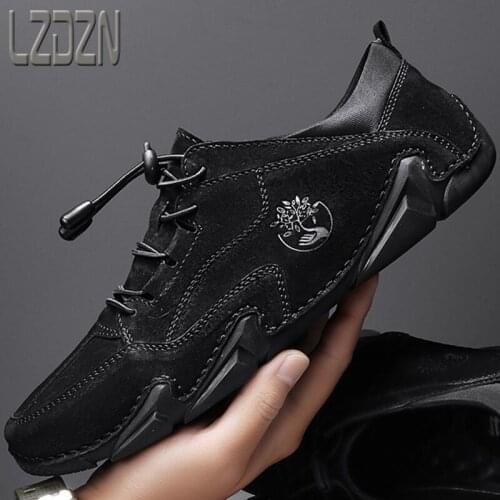 Golf Peas Mens Shoes Fashion Shoes Real Leather Shoes Mens Vintage Fashion Handmade Soft Soles With No LACES Black Boat Shoes