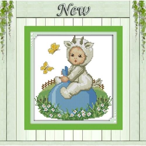 The baby goat lovely flower animal painting pattern printed on fabric DMC 11CT 14CT Cross Stitch kits needlework Sets embroidery