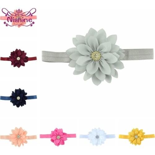 Nishine 9 CM Single Layer Pointed Lotus Headband with Acrylic Diamond Fashion Chiffon Flower Elastic Hairband Baby Girl Headwear