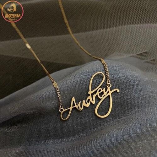 Akizoom Punk Audrey Name Stainless Steel Necklace Golden Color Special Chain Letter Pendant for Women Party Jewelry Gift
