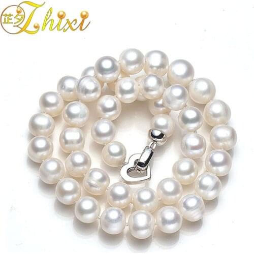 ZHIXI Freshwater Pearl Necklace Fine Jewelry White Real Natural Pearl Choker Necklace Near Round Birthday Gift For Women X301