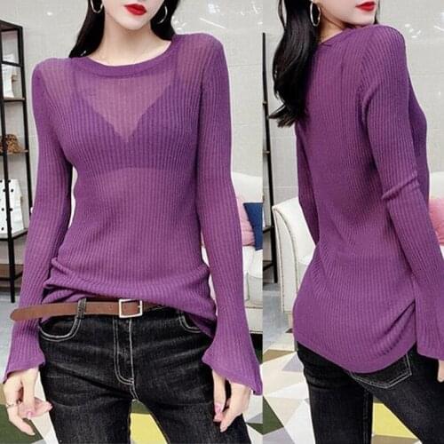 Sexy Semi-Permeable Sweater Europe Early Fall New European Goods Horn Long Sleeve Purple Women Straight Thin Render Unlined Tops