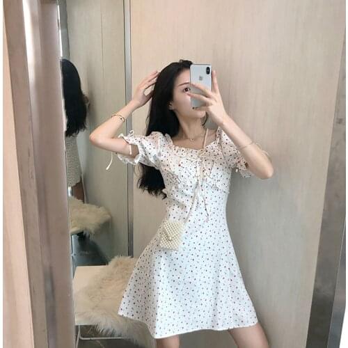 Elegant Bow White Floral Print Mini Dress Puff Sleeve Summer Party Short Sleeve Dress Sweet French Dresses for Women 2021
