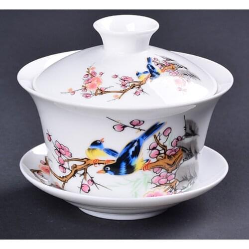 Garden Pastrol Gaiwan Porcelain Jingdezhen Sancai Cover Bowl Blue and White Ceramic Bird Tea Bowl Fish Tea Tureen Accessories