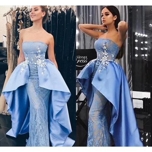 Saudi Arabia Sky-Blue Prom Dresses With Satin Overskirt Fashion Strapless Applique Lace Mermaid Party Dress Glamorous Sexy Eveni