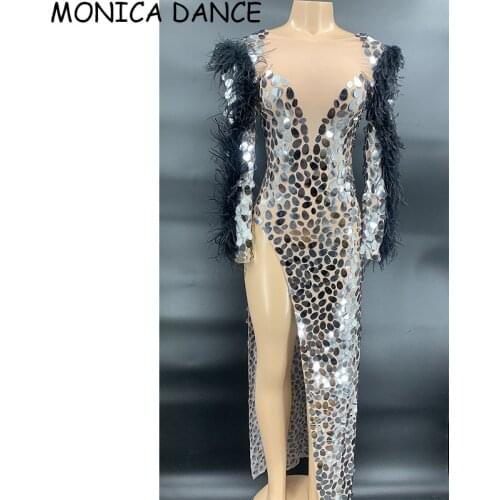 Mesh Dress Sparkly Silver Sequins Black Feather Sleeves Dress Birthday Celebrate Transparent Costume Dress Women Dancer Dress