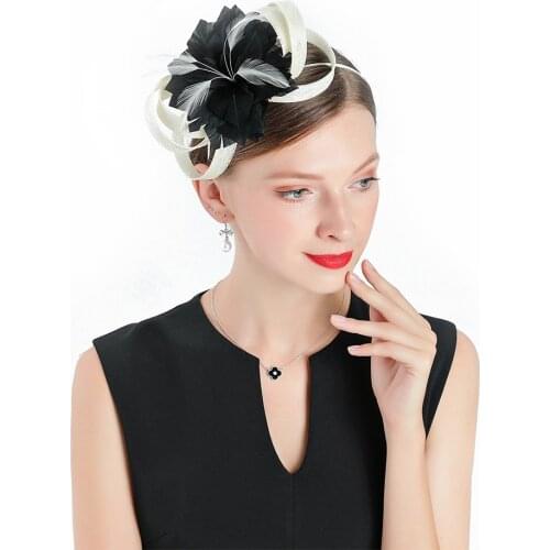 Hot Women Elegant Hat Black Feather Flower Fascinator Cocktail Cap Lady Wedding Church Prom Pillbox Fedora Beige Linen Headgear
