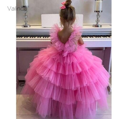 Sheer Mesh Neck Girl Pageant Dresses Tiered Ball Gown Flower Girl Dress