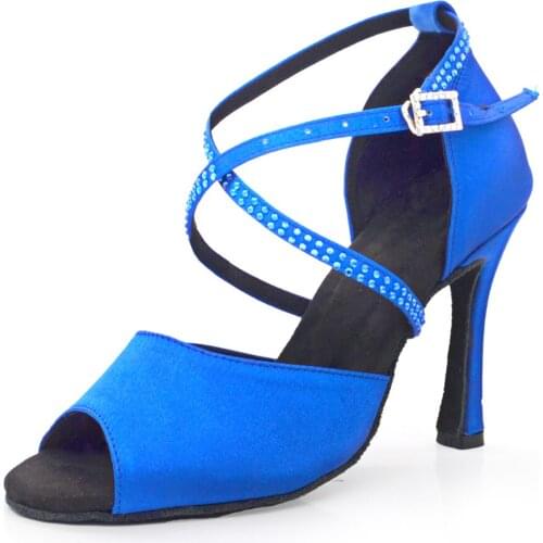 Evkoodance Women Party Dancing Shoes Blue Satin Rhinestones Soft Bottom Latin Dance Shoes Woman Salsa Dance Shoes heel5CM-10CM