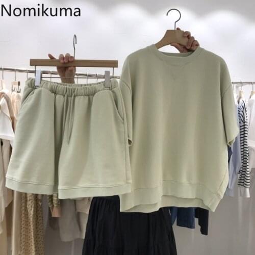 Nomikuma Women Short Sets O-neck Short Sleeve Pullover Sweatshirt + Stretch Waist Wide Leg Shorts 2021 Summer 2piece Suits 6H924