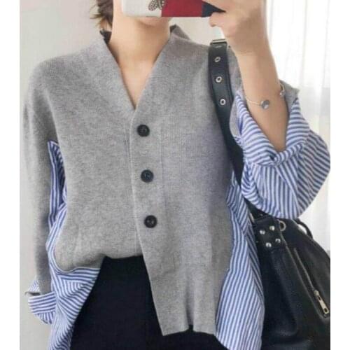 Women Autumn Long Sleeve Knitted Sweater Coat Fake Two Piece Patchwork Striped knitted cardigan outerwear
