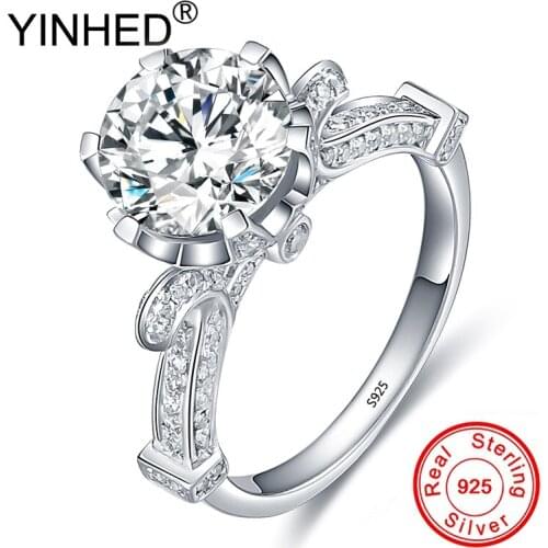 YINHED Genuine 925 Sterling Silver Fine Jewelry Ring 1ct Zircon CZ Diamond Wedding Engagement Rings for Women ZR358