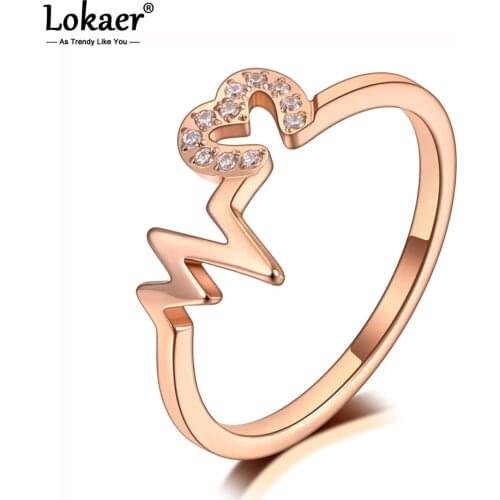 Lokaer Trendy Stainless Steel Mosaic Rhinestone Geometry Heart Rings Luxury Rose Gold CZ Crystal Wedding Ring For Women R20040