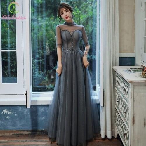 SSYFashion New Banquet Elegant Grey Evening Dress Half Sleeve High-neck Sequins Beading Long Corset Prom Formal Gowns Vestidos
